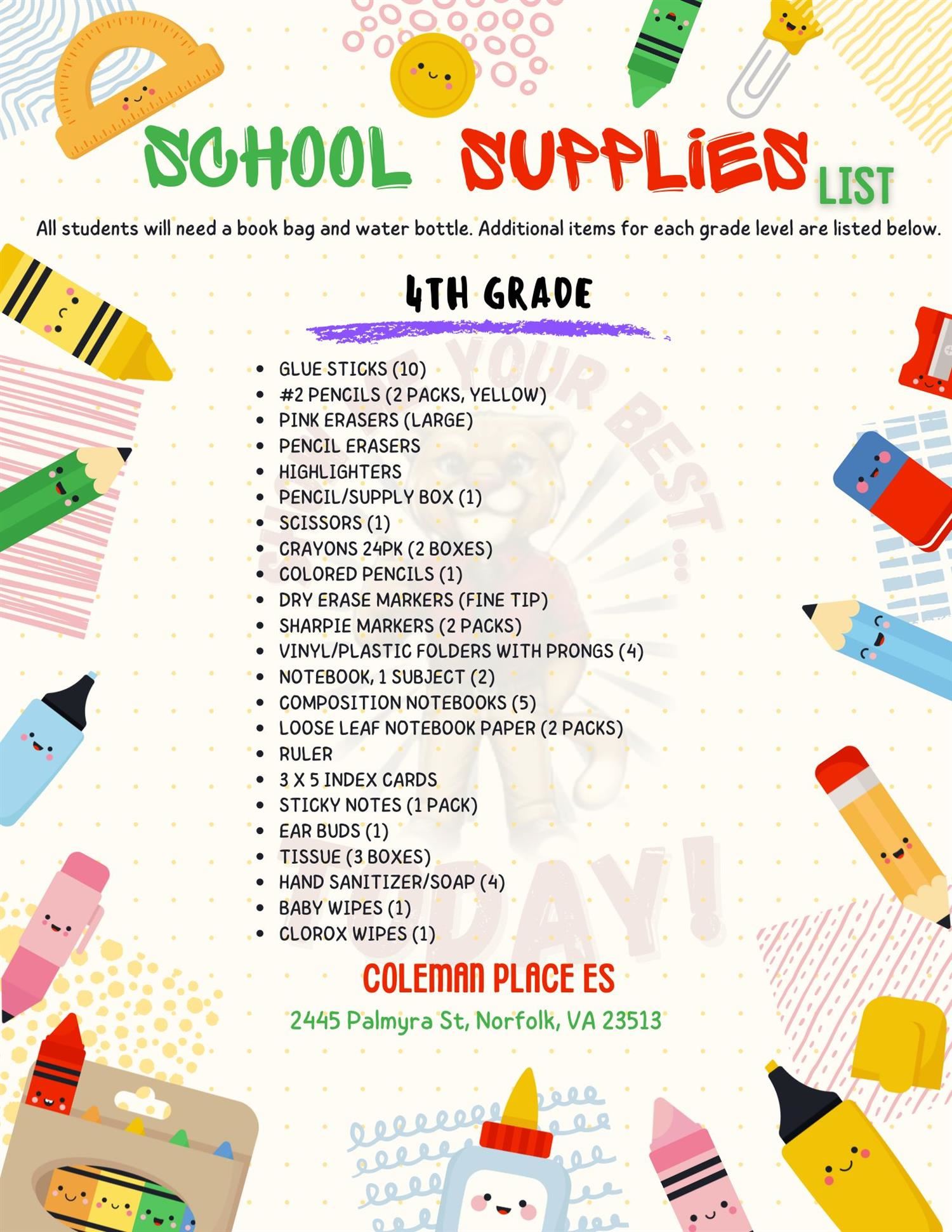 4th Grade Supply List